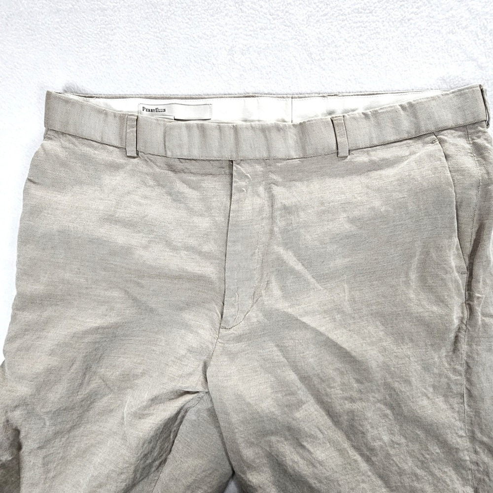 Perry Ellis Mens Beige Linen Tencel Blend Straight Leg Trousers 38x30